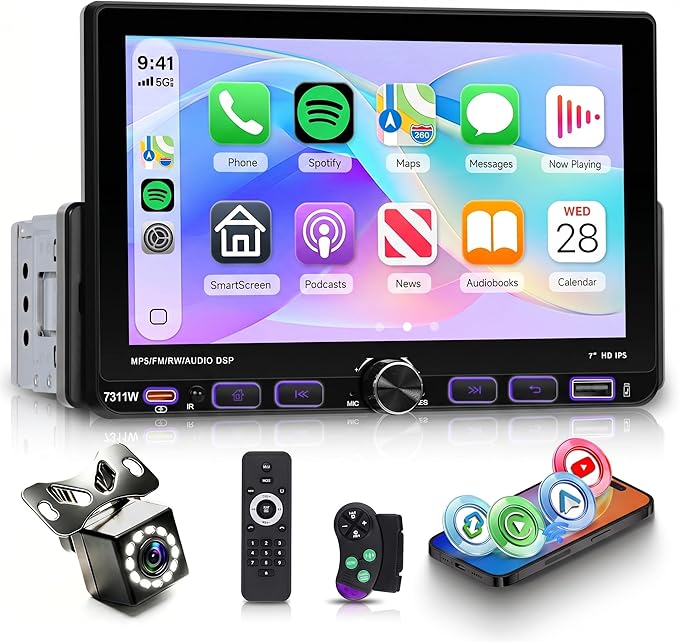 Single Din Radio Car Stereo with Wireless/Wired CarPlay & Android Auto, 7'' Single Din Touchscreen with BT,Mirror Link,FM/AM/RDS,EQ,USB/Type-C,Rear View Camera,SWC,Mic