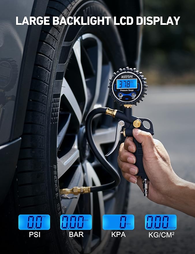 AstroAI Digital Tire Pressure Gauge with Inflator, 3-250 PSI Air Chuck & Compressor Accessories Heavy Duty with Quick Connect Coupler, 0.1 Display Resolution, 1pack