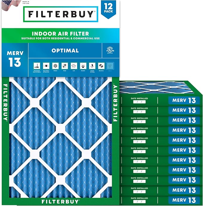 Filterbuy 15x25x1 Air Filter MERV 13 Optimal Smoke & Allergy Defense (12-Pack), Electrostatic Pleated HVAC AC Furnace Filters Replacement (Actual Size: 14.50 x 24.50 x 0.75)