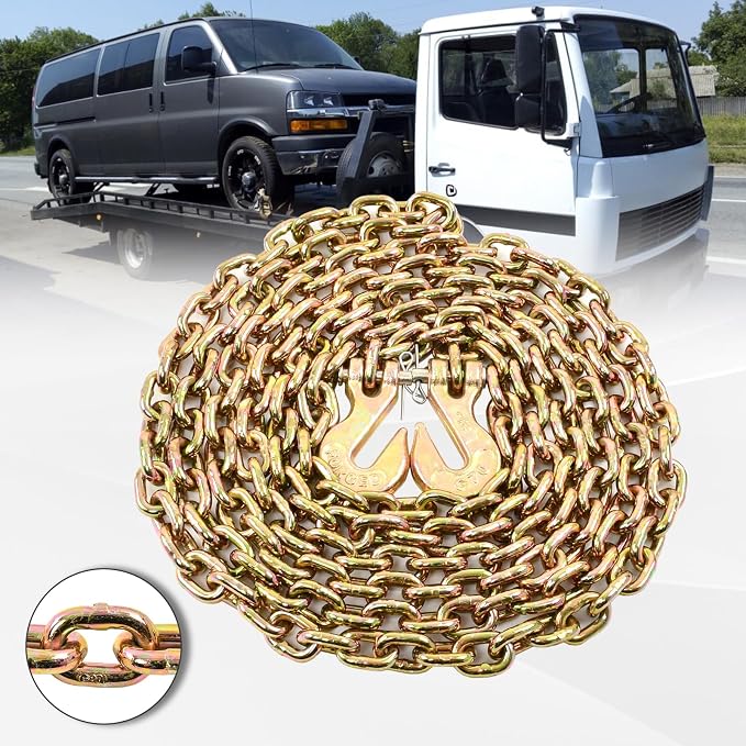 Heavy Duty G80 Transport Binder Chain 1/4'' Inch x 12 Feet,Tow Chain with G70 Clevis Grab Hooks,3300 lbs Safe Working Load Logging for Transporting, Towing(1/4'' x 12FT Yellow).