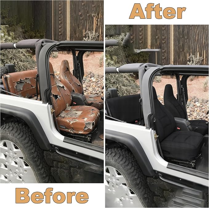 Custom Seat Covers for Jeep Wrangler TJ 1997 1998 1999 2000 2001 2002 Heavy Duty Cloth Protector Interior Accessories，Waterproof & Machine Washable, Foam Padded - Black（Front & Rear）