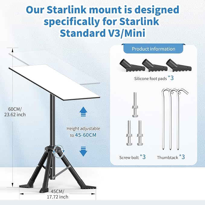 Tripod Stand for Starlink Standard Gen 3/ Standard 4/ Standard 4 X with Pipe Adapter, Outdoor Portable Starlink Mounting Kit for Camping and RV Travel