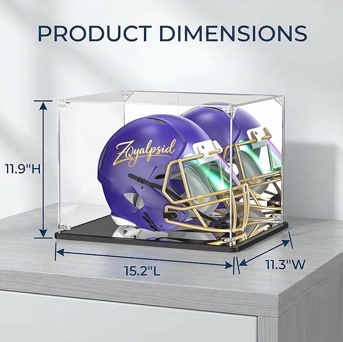 Acrylic Football Helmet Display Case for Full Size Helmets, Clear Memorabilia Display Box with Double Mirrored Back & Base, Dustproof Showcase for Baseball & Motorcycle Helmets, Black Base