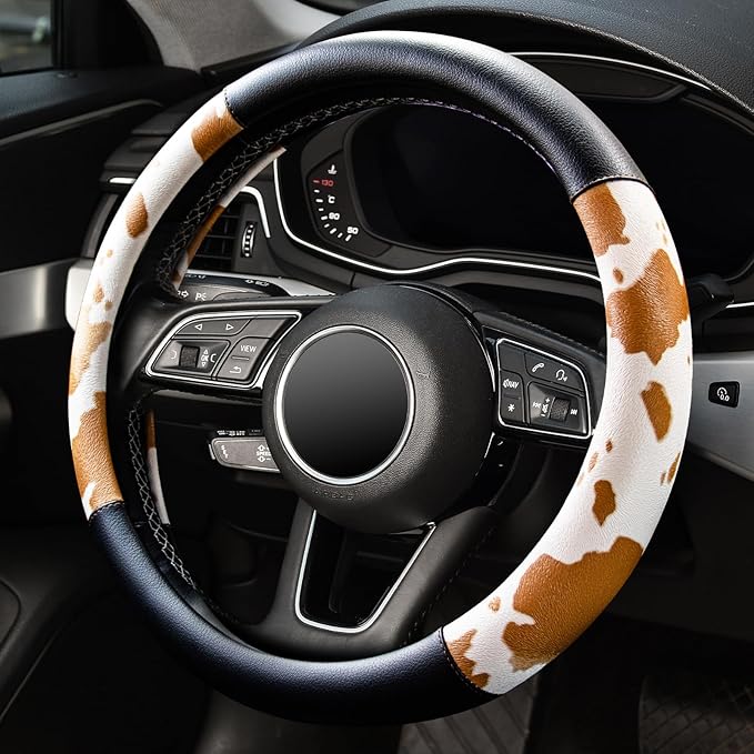 Cow Print Car Steering Wheel Covers, Breathable Microfiber Leather for Women and Men, Universal 15 inch Anti-Slip Steering Wheel Protector, Black Yellow