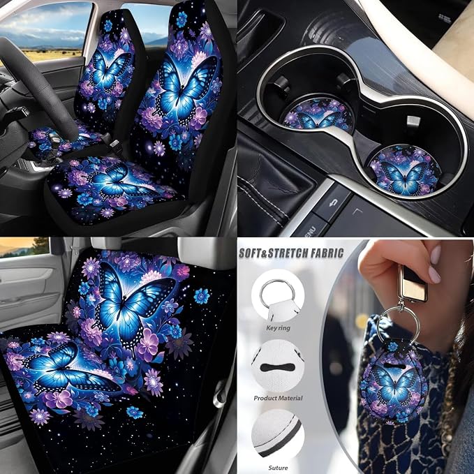 Blue Butterfly Car Seat Covers Full Set of 17 Pcs,Blue Butterfly Car Accessories with Ca Rubber Floor Mats Steering Wheel Cover Armrest Pad Butterflies Automotive Interior Sets,Universal Fit