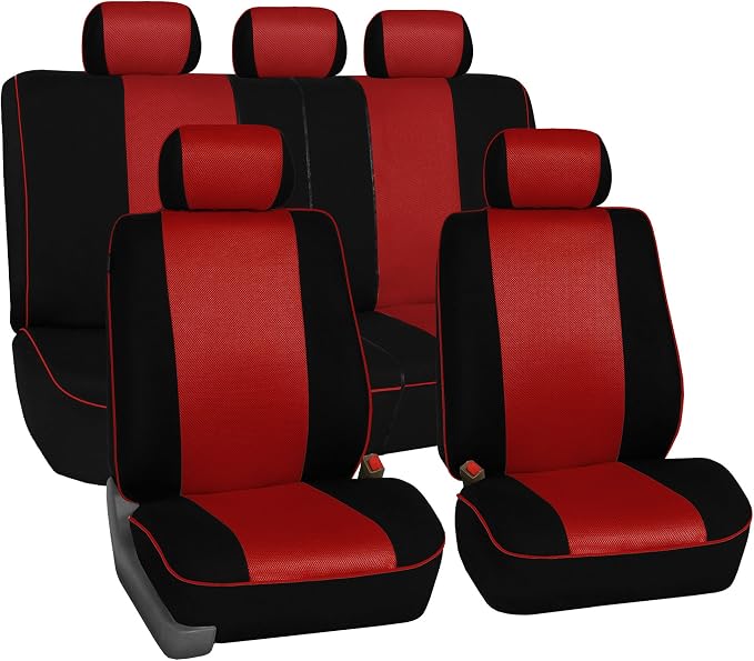 FH Group Full Set Cloth Car Seat Covers - Universal Fit, Low Back Front Seat Covers, Airbag Compatible, Split Bench Rear Seat, Washable Seat Cover for SUV, Sedan, Van, Red