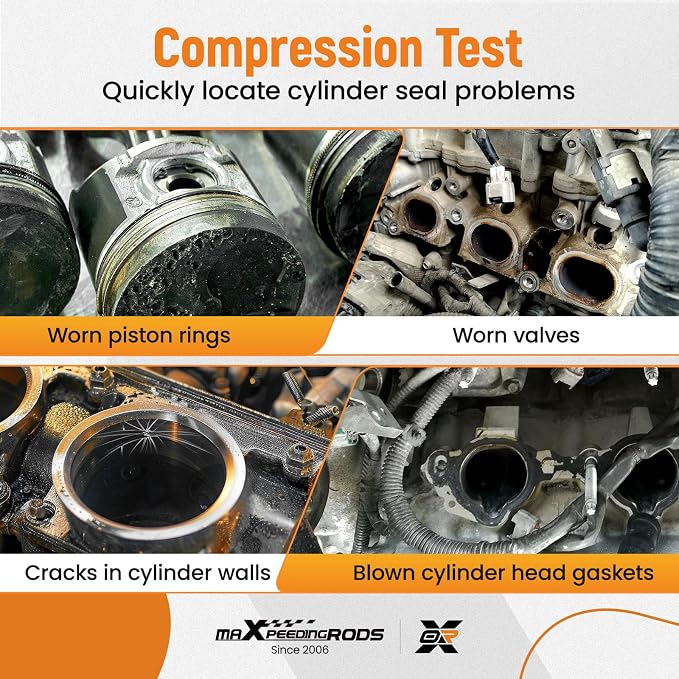 maXpeedingrods Engine Compression Tester Kit, Manual Pressure Release, 2-3/4 in. Bourdon Tube Gauge, Quick-Disconnect Coupler, Threaded Adapters for Motorcycles, Marine and Small Engines