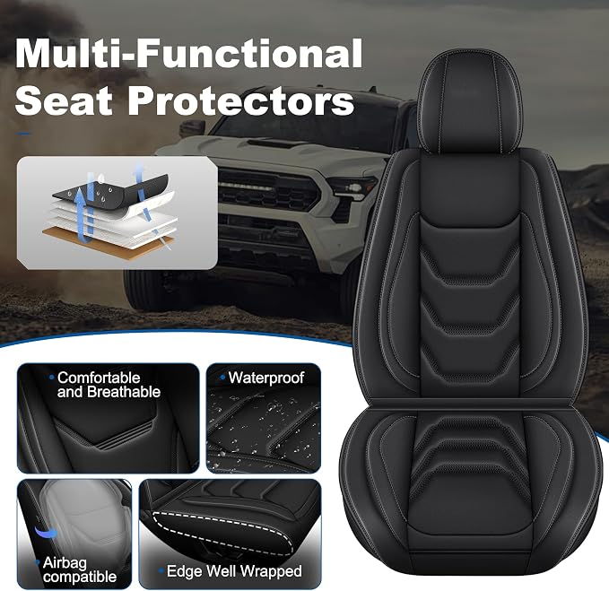 Seat Covers Compatible with 2024 2025 2026 Toyota Tacoma Double Crew Cab Waterproof Leather Seat Protectors for Trucks (2pc Front Only, Black&Grey)