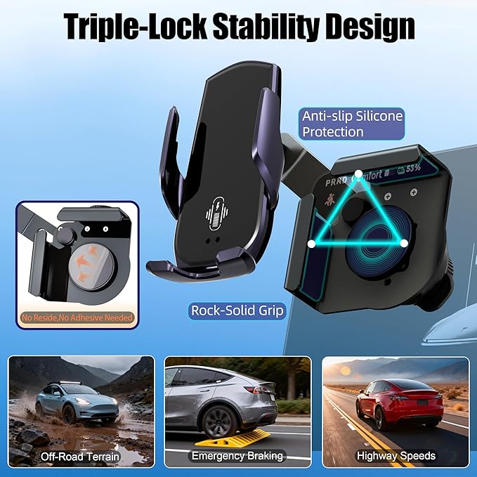 Car Phone Mount for Model 3 & Model Y, Screen Side Custom Fit for Center Display, 15W Wireless Fast Charging Auto-Clamping, Unobstructed View, Compatible with iPhone & Android