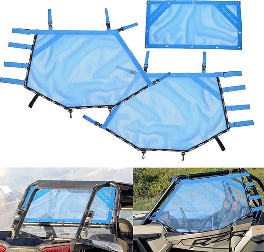 Goldfire Front Rear Window Wind Screen Shade Shield Cover Window Mesh Net Door Scratch Prevention Protection Soft Top Mesh Roof Sunshade Cover FIts for UTV Polaris RZR (Blue)