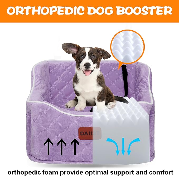 Dog Car Seat for Small Medium Dogs, Detachable Washable Dogs Booster Seat Under 35lbs, Elevated Dog Car Bed with Storage Pockets (Purple, One Size)