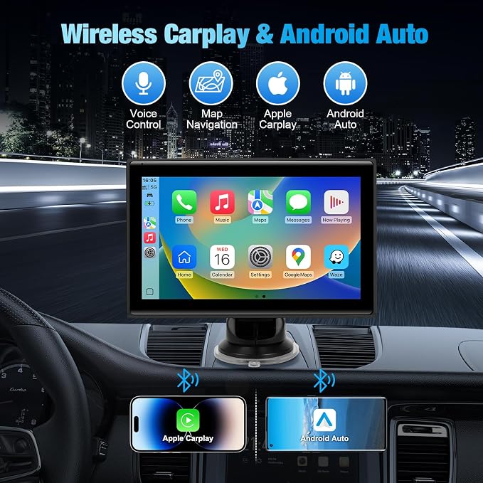 Carplay Screen for Car，7" Portable Wireless Carplay & Android Auto - HD Touchscreen Car Play with Bluetooth, Mirror Link, Live Map,Voice Control, FM Transmit (Black)