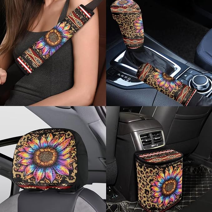 BIGCARJOB Leopard Sunflower Print Car Seat Cover Full Set 15 Pieces Car Interior Accessories Set with Steering Wheel Cover Car Trash Can Hanging Seat Headrest Covers