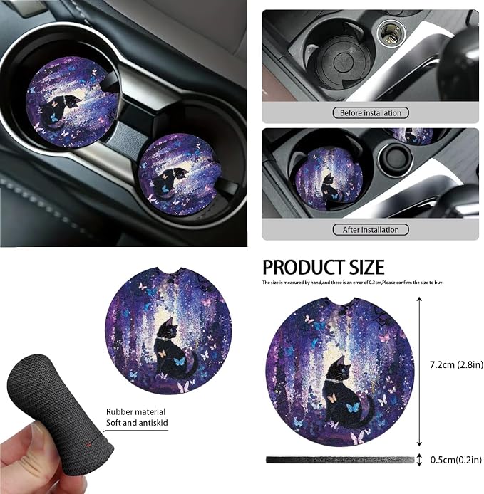 Cat Butterfly Print Full Set Car Seat Covers with Accessories for Women, Including Car Front Rear Seat Covers Steering Wheel Cover Safety Belt Pads Garbage Bag etc, Purple