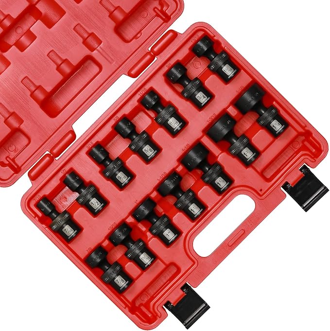MIXPOWER 1/2" Drive Shallow Impact Universal Joint Swivel Socket Set, SAE, 7/16" to 1-1/4", Shallow, Flexible Wobble, Chrome Molybdenum Steel, 14 Pieces Set