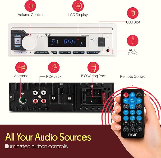 Pyle Marine Radio Single DIN Receiver – Bluetooth Wireless Streaming, AM/FM Tuner, USB/AUX MP3 Playback, Hands-Free Calling, Remote Control, RGB Buttons, Splash-Resistant Stereo Upgrade