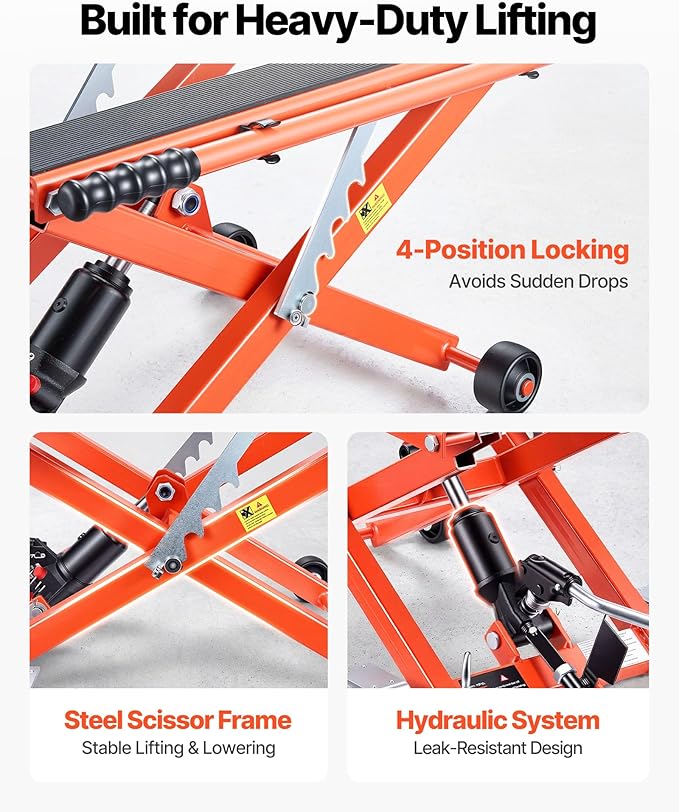 VEVOR Hydraulic Motorcycle Lift Jack, 1100 lbs Capacity, Scissor Lift Jack Portable Motorcycle Hoist Stand with 6 Wheels, 4.72"-15.15" Height Range, Hydraulic Foot-Operated Hoist Stand for Dirt Bikes