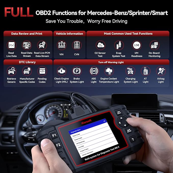 iCarsoft MB II OBD2 Scanner for Mercedes Benz/Sprinter/Smart, All System in-Depth Diagnostic Scan Tool, with Oil Reset/SAS/EPB/ETC/DF/BLD/INJ, Battery Test, Live Graph Data