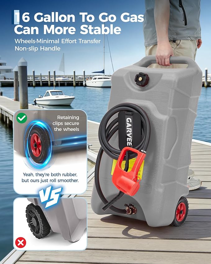 Garvee 16 Gallon Gas Can, Fuel Tank Container with LE Fluid Transfer Manual 10 FT Siphon Pump, Portable Diesel Gas Storage Caddy w/Wheels for Car, ATV, Weeder, Boat, Tractor,Snow Blower,Generator