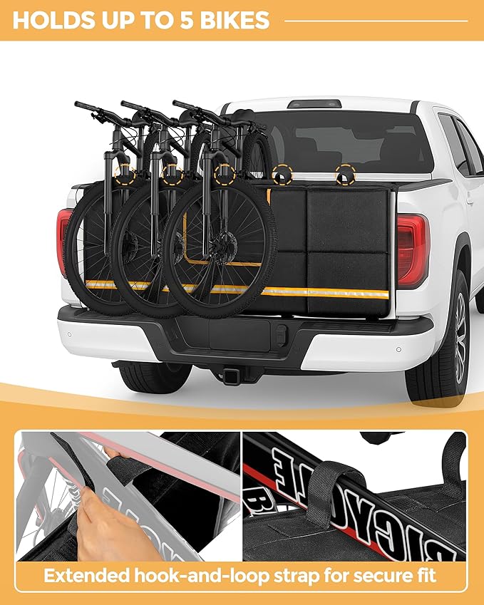 Marscamd Thick Tailgate Bike Pad for Mid-Size Pickup Trucks, 51" Wide Pad (Fits 51"- 55" Tailgate Width), Holds Up to 5 Bikes, Tailgate Protector Cover with Storage Pocket - Black