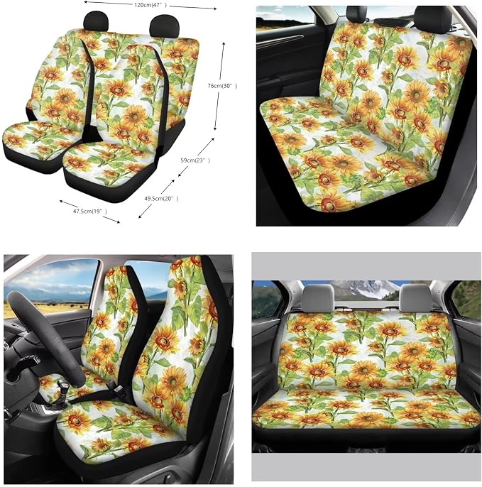 Suobstales Art Flowers Seat Cover for Car for Women Sunflower Car Accessories Set of 11-pcs with Steering Wheel Cover, Seatbelt Covers, Auto Cup Holder Coasters, Floral Keychain