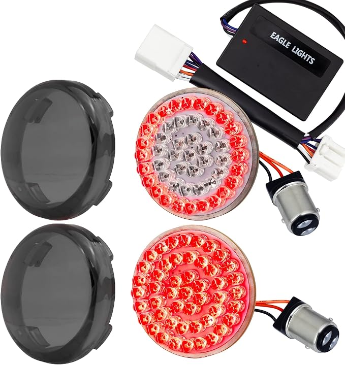 Eagle Lights 8748RTS-S-EE 2 Inch Rear LED Turn Signals with Halo Running Lights and Brake Lights Compatible With Harley-Davidson® Motorcycles - 1157 Base/Red/Add Smoked Lenses/Add Load Equalizer