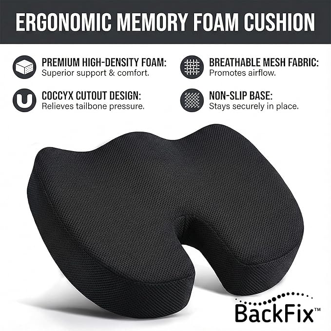 BackFix Max Comfort Extra Thick Orthopedic Doctor Designed Memory Foam Seat Cushion. Extra Thick Pressure Relief for Office Chair, Car Seat, Tailbone Sciatica Pain Relief, Black