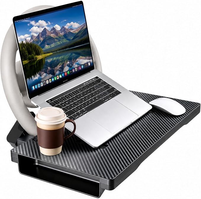 2-in-1 Steering Wheel Tray for Car & Car Seat Gap Filler Organizer, Foldable Car Table with Carbon Fiber Look for Eating, Tablet or Laptop Tasks, Fits Standard Round Steering Wheels, Parked Use Only