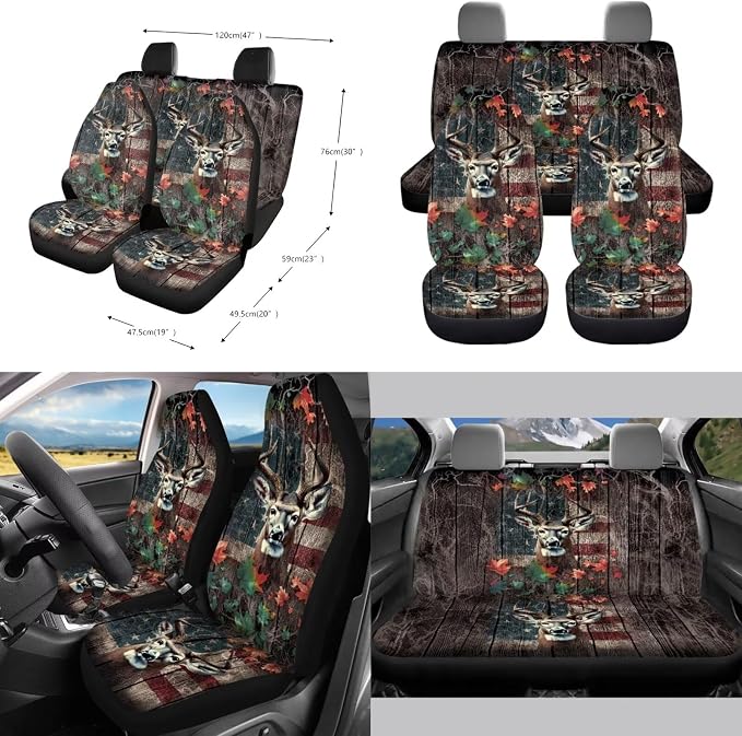 Deer Wood American Flag Print Auto Seat Covers Full Set, Maple Leaf 10 Pcs Universal Fit Car Accessories Steering Wheel Cover Car Trash Bin Keychain Coasters Air Vent Storage Box
