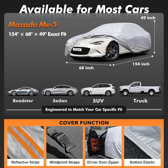 Car Cover Waterproof All-Weather,Heavy-Duty Outdoor Full Exterior Automobiles Sedan/Coupe (Length up to 165 inch) with Windshield Sun Shade Universal Fit MX-5(Miata),Honda S2000,BMW Z3,etc
