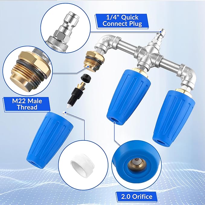 Triple Turbo Nozzle Pressure Washer, 3-in-1 Power Washer Turbo Nozzle with 1/4" Quick Connect, 360° Rotating Turbo Nozzle Tip- 4000 PSI, 4-6 GPM, 2.0 Orifice, Blue