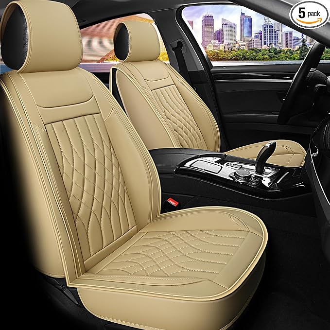 Car Seat Covers 5 Seats Full Set, Waterproof Napa Leather Automotive Seat Protector for Cars SUV Truck Sedan, Universal Anti-Slip Car Seat Cushion Interior Accessories, Beige