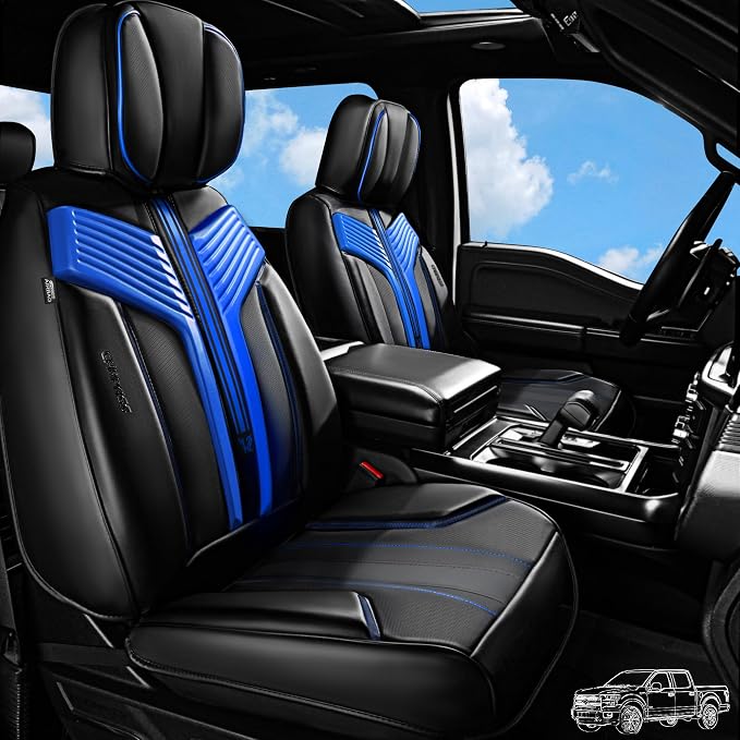 CAR PASS Nappa Leather Seat Covers, Breathable Waterproof Car Seat Covers Full Set, Luxury Leather Front and Back Seats Full Coverage, Universal Fit SUV Pick-up Truck Sedan Automotive(Black Blue)