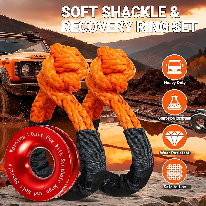 Synthetic Soft Shackle Rope 1/2 x 22 Inch Orange Recovery Tow Shackles with Red Snatch Recovery Ring 56,000lbs Breaking Strength Offroad Soft Shackle Recovery Kit for Off-Road ATV UTV Vehicles
