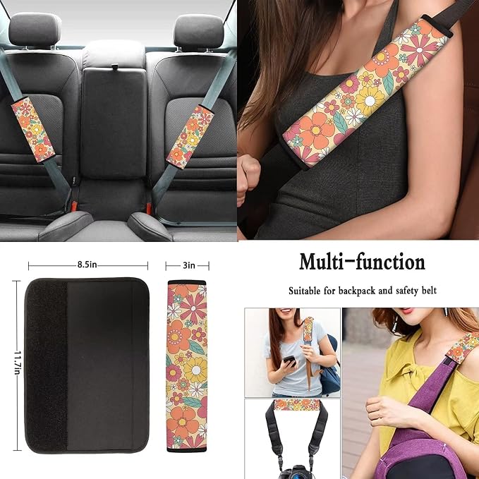 Colorful 70s Flower Hippie Groovy Abstract Pattern Car Seat Cover Set of 4,13 Pack Car Accessories,Steering Cover,Seat Belt Covers,Keychain,Lipstick Holder,Coaster Universal Fit Most Truck