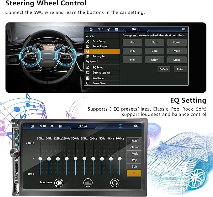 Upgrade Wireless 7" Double Din Car Stereo Apple CarPlay Android Auto 178 * 102mm,Touchscreen Car Play Radio for Car,Screen for Bluetooth 5.2, Weatherproof Backup Camera,FM AM,AUX,Card Slot,USB,SWC