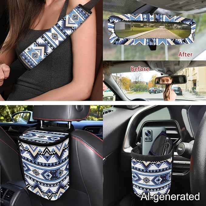 Dreaweet Navajo Native Western Car Seat Covers Full Set 15 Pcs Aztec Car Accessories with Steering Wheel Cover Seat Belt Pads Coasters Trash Bag Air Vent Storage Bag Rearview Mirror Cover Keychain