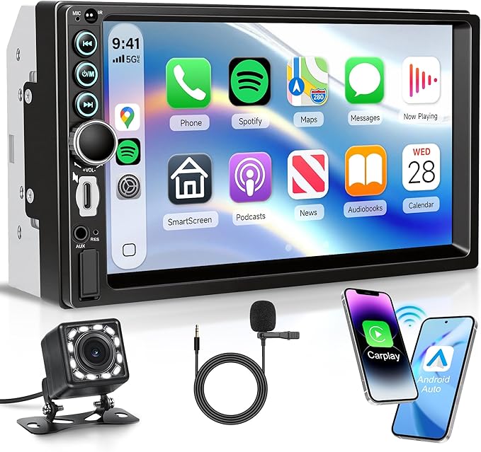 Double Din 7 inch Car Radio Stereo, Wireless Carplay Android Auto, You-Tu-be Video Playback, 2 Din Touch Screen Radio, Type-C/USB Fast Charging, Bluetooth FM EQ Mirror Link, AHD Backup Camera, SWC