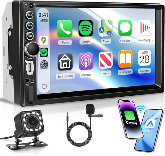 Double Din 7 inch Car Radio Stereo, Wireless Carplay Android Auto, You-Tu-be Video Playback, 2 Din Touch Screen Radio, Type-C/USB Fast Charging, Bluetooth FM EQ Mirror Link, AHD Backup Camera, SWC