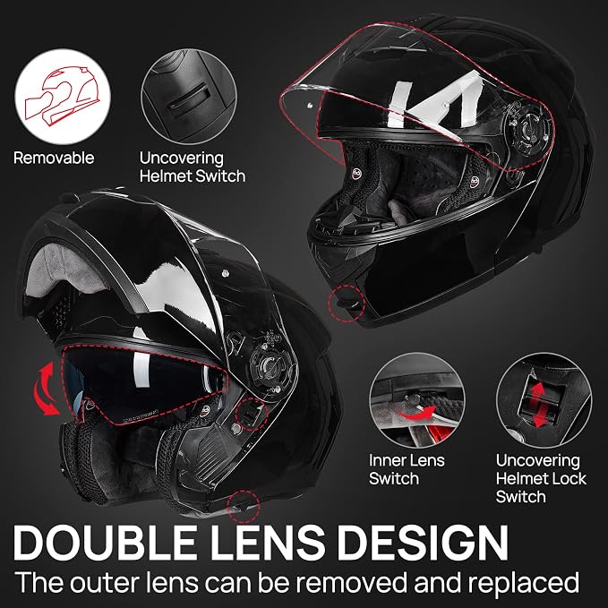 ILM Adult Motorcycle Modular Full Face Helmet Flip up Dual Visor DOT Approved Model 159(Gloss Black,Medium)