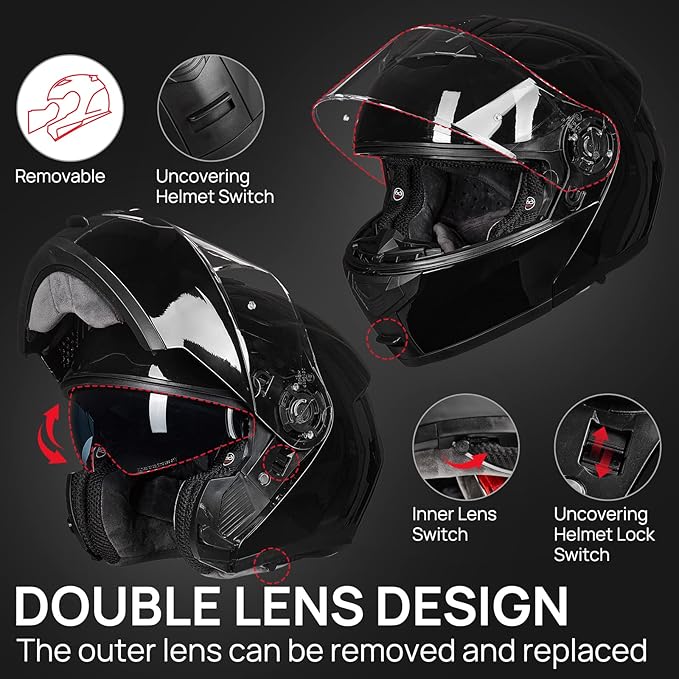 ILM Adult Motorcycle Modular Full Face Helmet Flip up Dual Visor DOT Approved Model 159(Gloss Black,XX-Large)