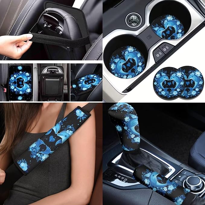 BIGCARJOB Blue Dolphin Car Seat Cover Set with Armrest Cushion,Seat Belt Pads,Steering Wheel Covers,Universal Auto Seat Cover Set 12 Pcs Neon Dolphin Interior Accessories Full Set