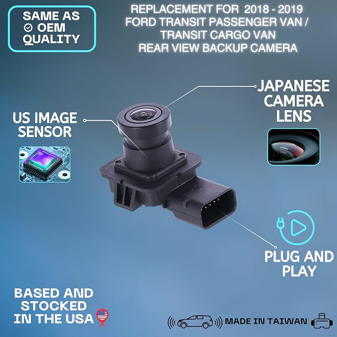 Backup Camera Replaces for 2018-2019 Ford Transit Passenger Van & Ford Transit Cargo Van OE Part # JK4Z-19G490-B, JK4Z-19G490-G, JK4Z-19G490-J
