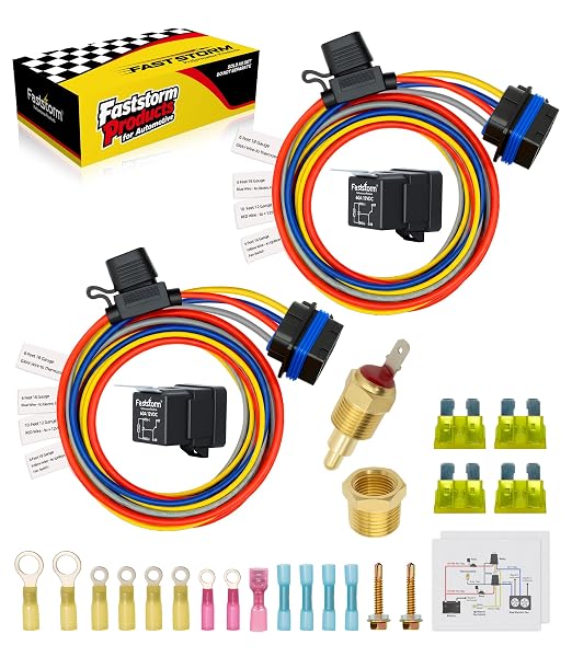 12V Dual Electric Fan Relay Kit Radiator Electric Cooling Fan Thermostat Kit Temperature Sensor Switch 185 On 175 Off, 40 AMP Tinned Copper Waterproof Relay Kit for Cars,Trucks,Boats