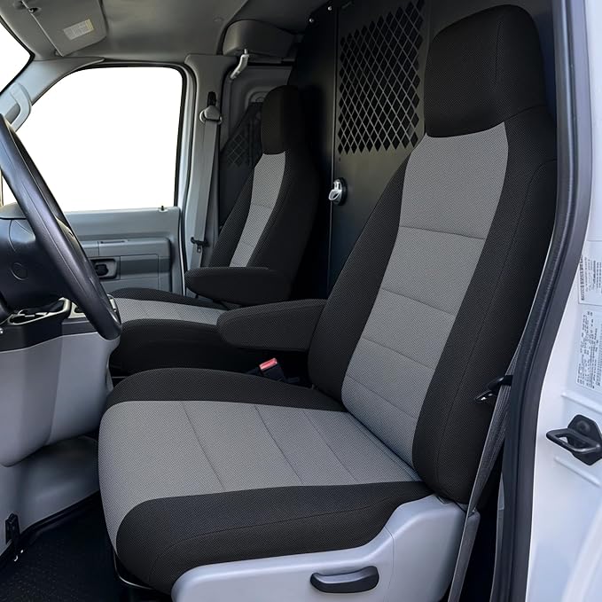 Heavy Duty Composite Fabric Protection Front Seat Covers for Ford E-150/E-250/E-350 Van 2009-2014 E-Series Cutaway/Stripped Chassis 2015-2026 High Back Bucket Seats Molded Headrest - Gray