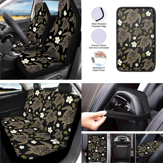 13 Pcs Tribal Sea Turtle Car Seat Covers, Hawaii Tortoise Plumeria Front and Rear Split Bench Seat Covers for Cars, Tropical Frangipane Flower Cup Mat Armrest Pad