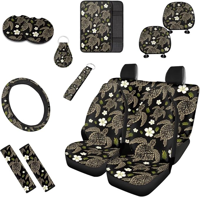13 Pcs Tribal Sea Turtle Car Seat Covers, Hawaii Tortoise Plumeria Front and Rear Split Bench Seat Covers for Cars, Tropical Frangipane Flower Cup Mat Armrest Pad