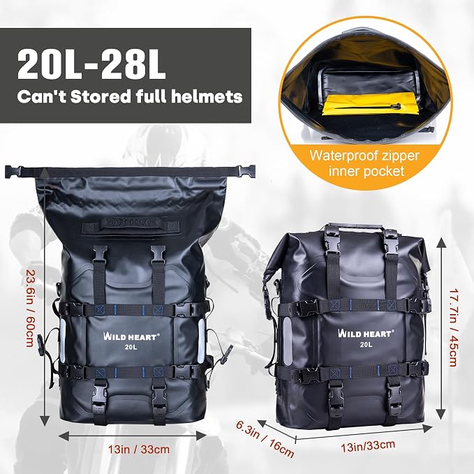 WILD HEART Motorcycle side bag stainless steel suspension waterproof bag Saddlebags 20L/25L waterproof Pianner Bag wear-resistant general-purpose Bike accessories (Black, 20L One Pack)