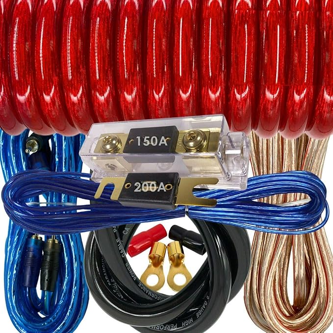 Audiobank Complete 0 Gauge up to 6500 Watts Car Amplifier Installation Power Wiring Kit with Thick 17 Feet FT 0 Gauge Power Cable 150A Fuse Included -Red