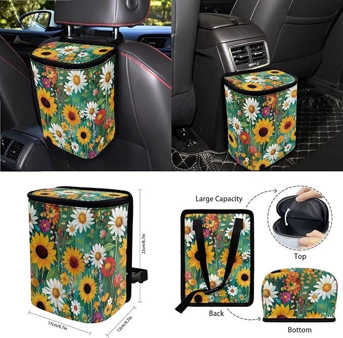 Oil Painting Sunflower Daisy Pattern Car Seat Covers Full Set Steering Wheel Cover Trash Can Air Vent Storage Bag Seatbelt Covers Rearview Mirror Cover Cup Coasters 15pcs Car Interior